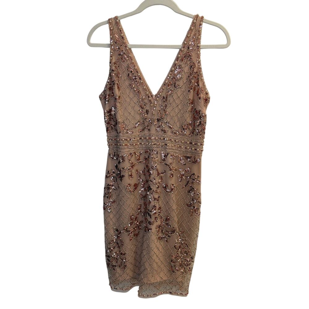 Verte Medium Rose Gold Sequined Beaded V Neck Mini Dress Cocktail Homecoming